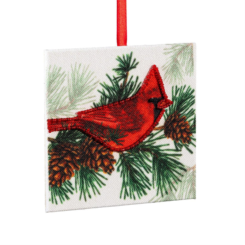 Holiday Poinsettia Ornament Cardinal Square Wood, Asst, 4"