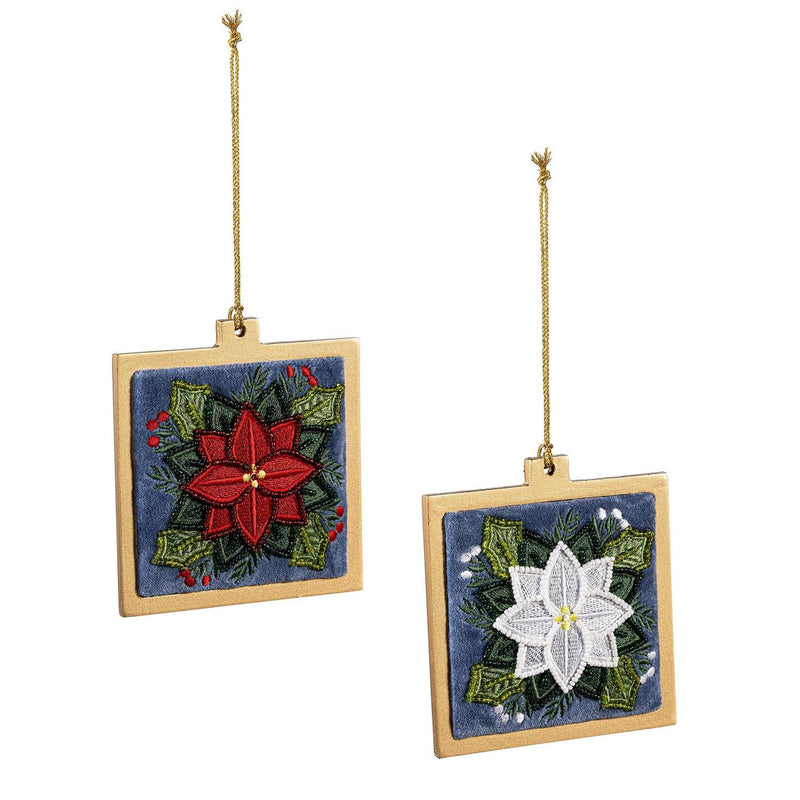 Holiday Poinsettia Ornament Poinsettia Beaded Square Wood and Fabric, Asst, 4.5"H