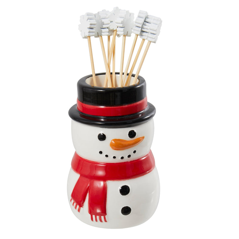 3.5" Ceramic Snowman Tooth Pick Holder with Snowflake Picks,3phc002