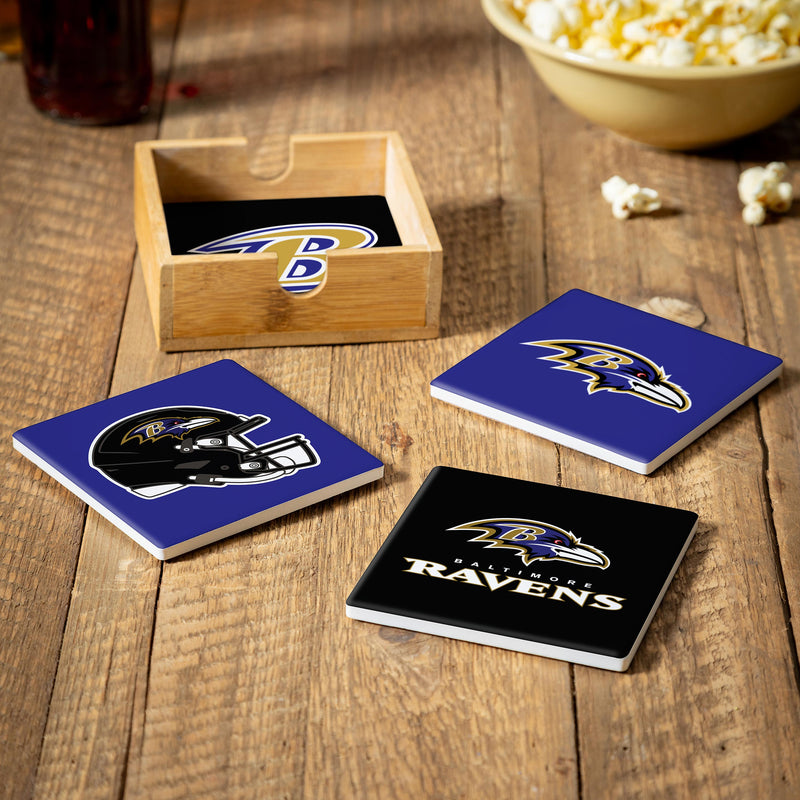 Baltimore Ravens Ceramic Coasters Set, 4pcs with Wood Caddy