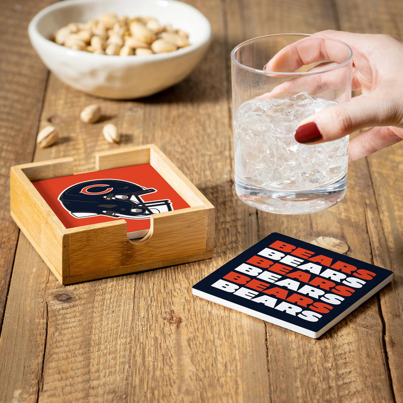 Chicago Bears Ceramic Coasters Set, 4pcs with Wood Caddy