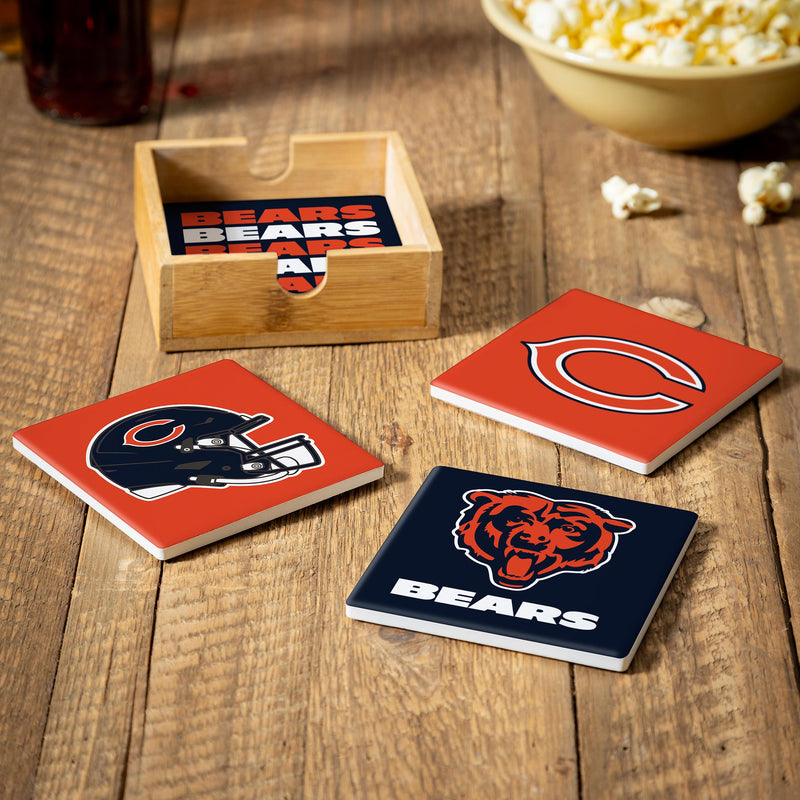 Chicago Bears Ceramic Coasters Set, 4pcs with Wood Caddy
