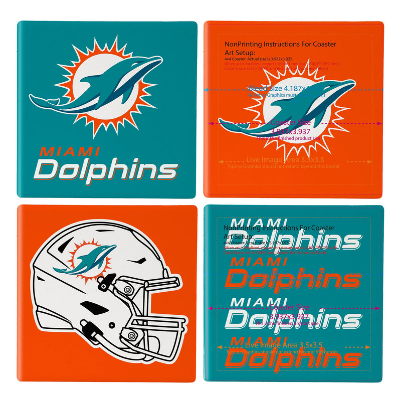 Miami Dolphins Ceramic Coasters Set, 4pcs with Wood Caddy
