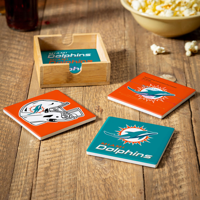 Miami Dolphins Ceramic Coasters Set, 4pcs with Wood Caddy