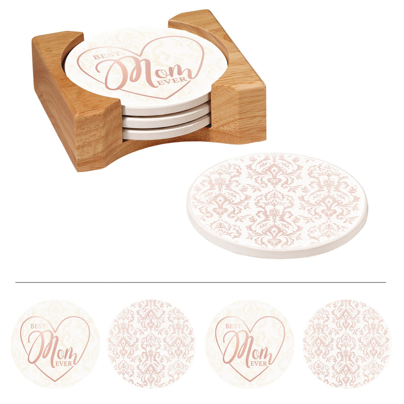 Round Coasters w/ Wood Caddy, Set of 4, Best Mom Ever,3rc4845m