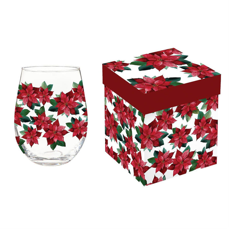 Holiday Poinsettia Wine Glass Stemless Glass, Poinsettia Bliss, 17oz, Gift Box
