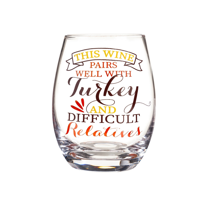 Stemless Wine Glass w/box, 17 oz., This Wine Pairs Well with Turkey and Difficult Relatives,3sl212