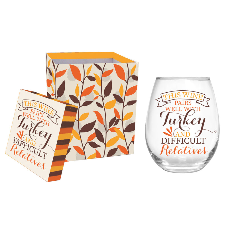 Stemless Wine Glass w/box, 17 oz., This Wine Pairs Well with Turkey and Difficult Relatives,3sl212