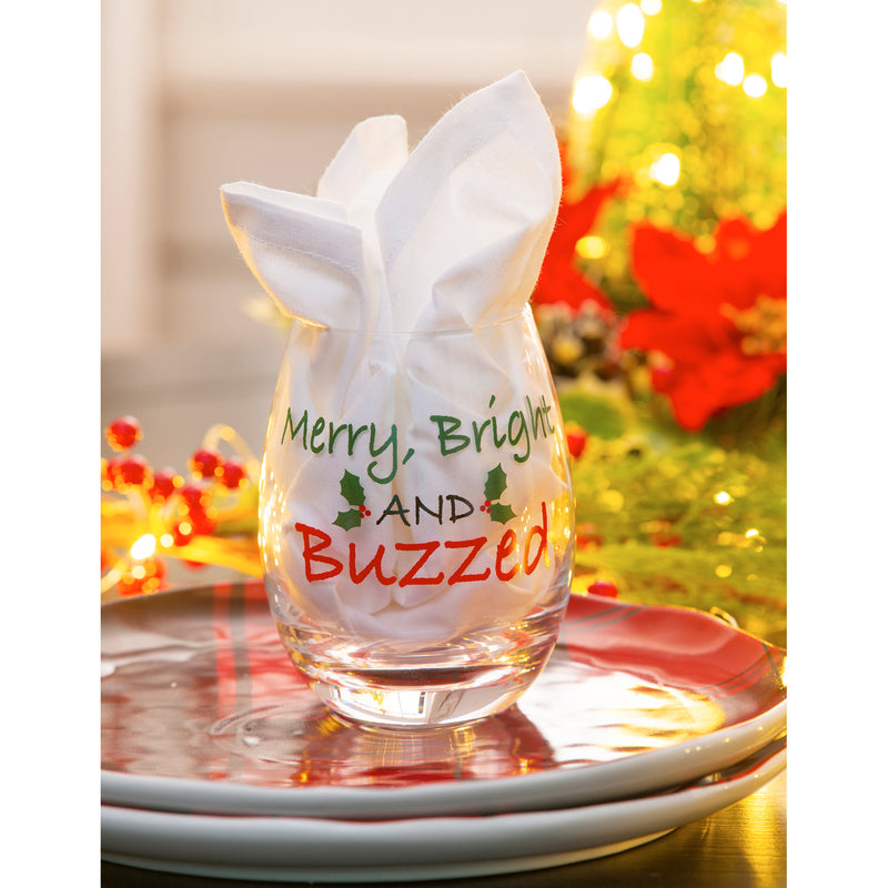 Stemless Wine Glass w/box, 17 OZ, Merry, Bright, and Buzzed,3sl216