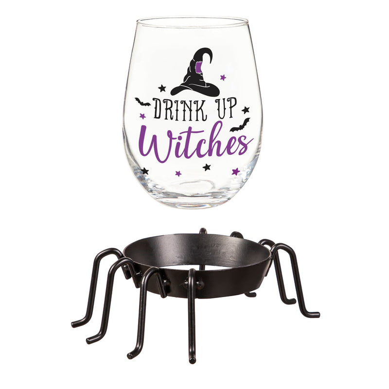 Evergreen Home Accents,17oz Stemless Glass w/ Spider Cup Holder and Box, Drink Up Witches,5.51x3.94x6.11 Inches