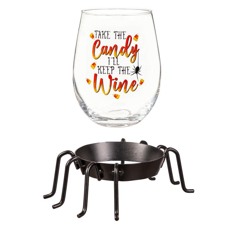 17oz Stemless Glass w/ Spider Cup Holder and Gift Box, Keep the Candy I'll Take the Wine,3sl623