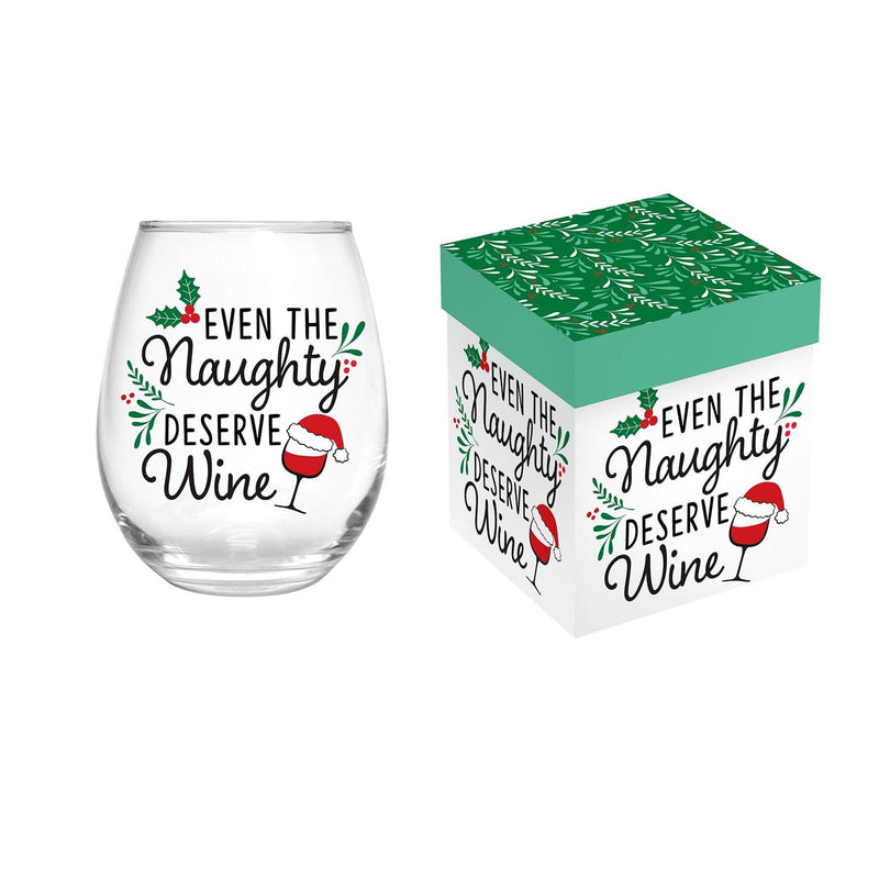 Christmas Vacation Wine Glass Stemless Glass, Naughty, 17oz, Gift Box
