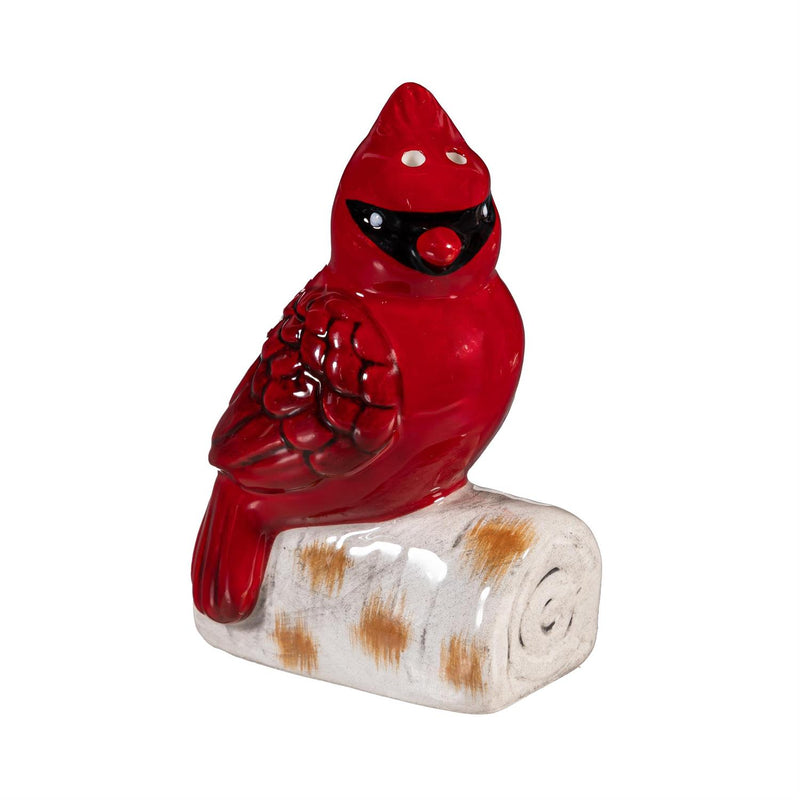Holiday Poinsettia Salt & Pepper Shakers Ceramic Cardinal on Log, Set of 2
