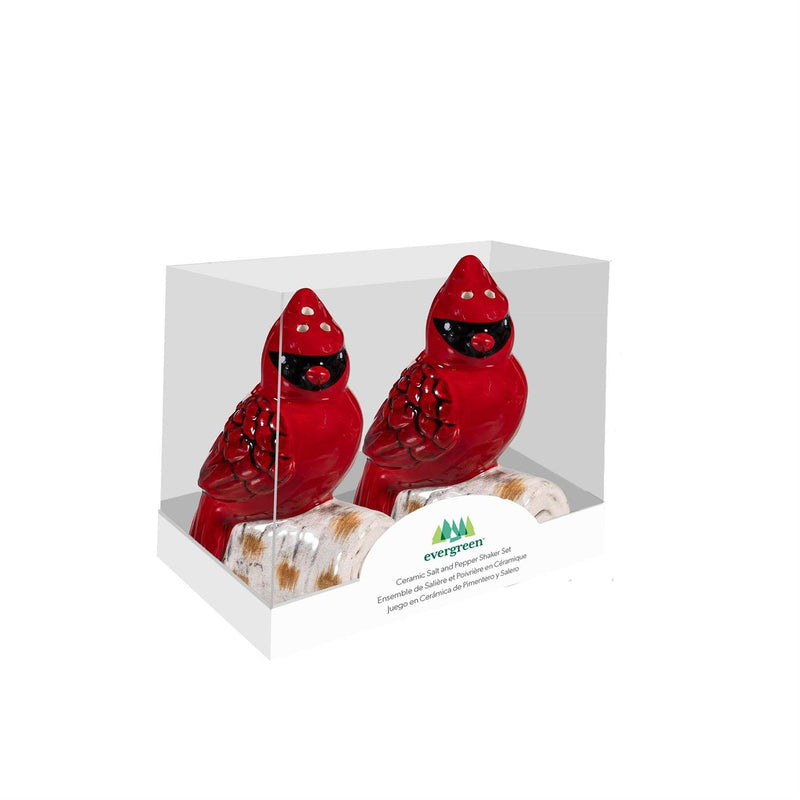 Holiday Poinsettia Salt & Pepper Shakers Ceramic Cardinal on Log, Set of 2