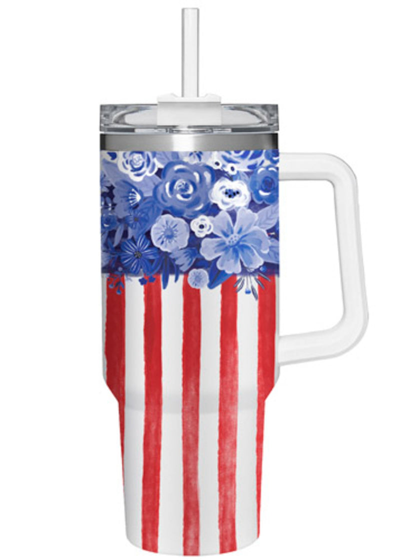 40oz Stainless Steel Canyon Cup w/ Straw, Floral American Flag,3sshd008