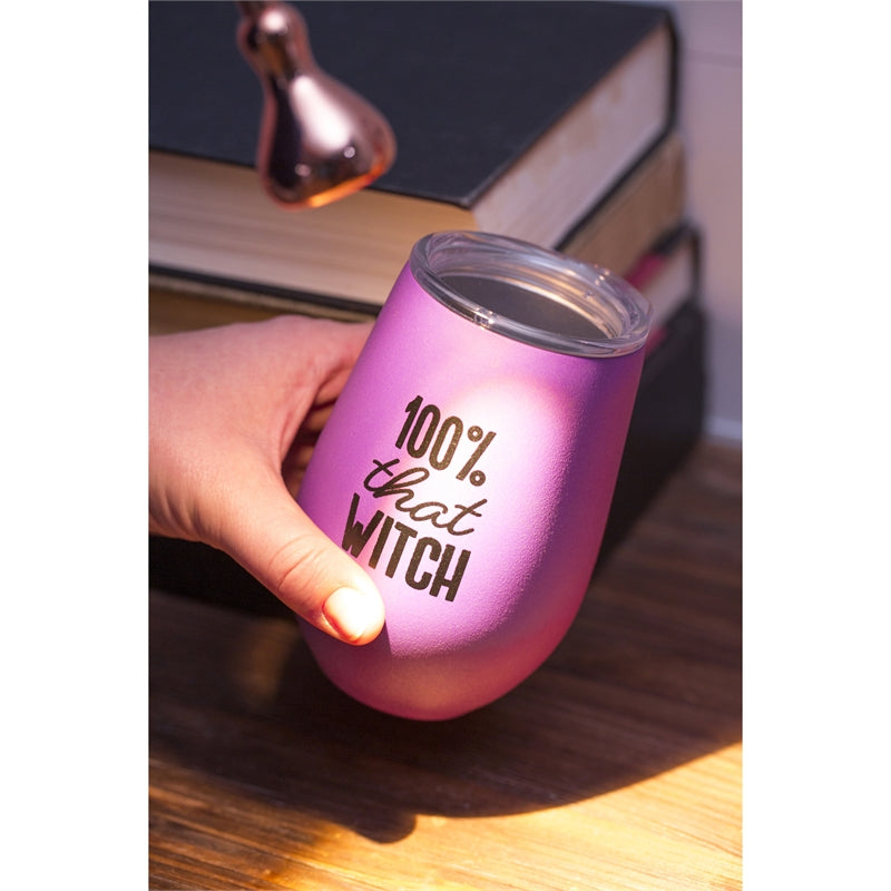 Double Wall Stainless Steel Stemless Wine Tumbler, 12 OZ, Glow-In-The-Dark, 100% That Witch,3swgd003