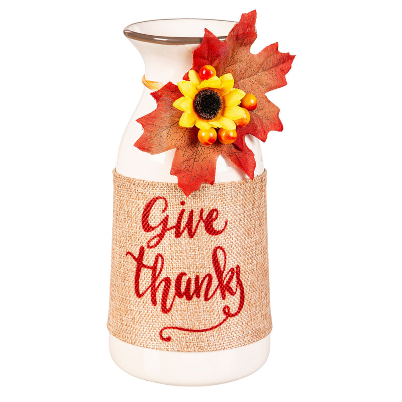 8.5" Ceramic Vase with Bow & Artificial, Give Thanks/Happy Harvest,3va167