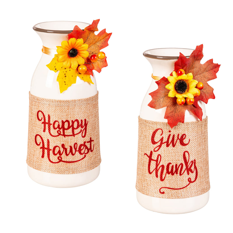 8.5" Ceramic Vase with Bow & Artificial, Give Thanks/Happy Harvest,3va167