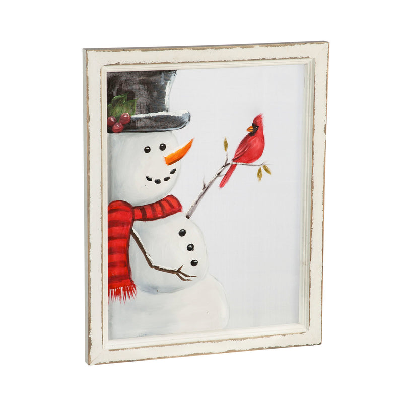 Snowman with Cardinal Hand Painted Screen Wood Frame Wall Décor, 16"W x 20"H,3wp825