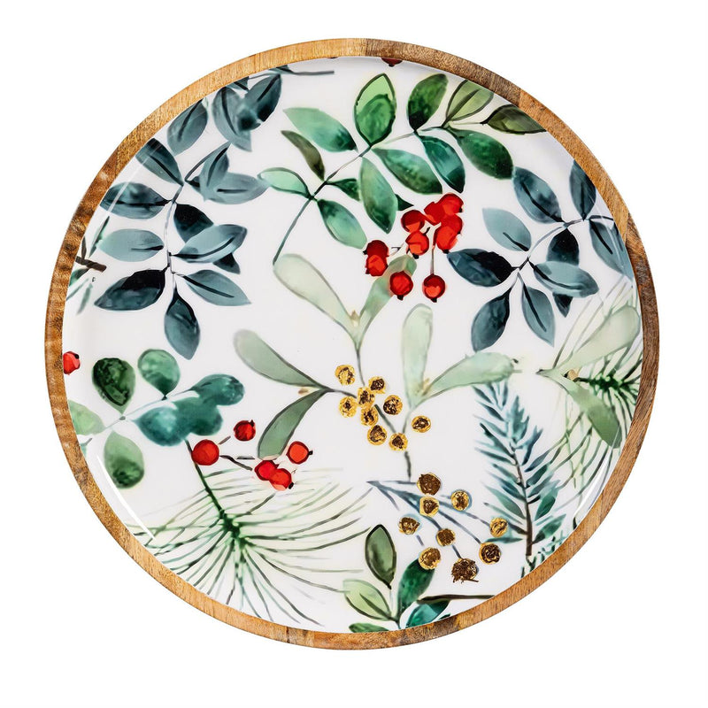 VivaStyle Platter, Round Wood Platter, Festive Foliage, 14"L