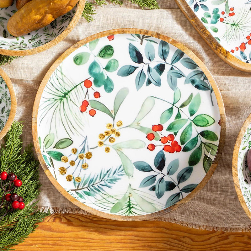VivaStyle Platter, Round Wood Platter, Festive Foliage, 14"L