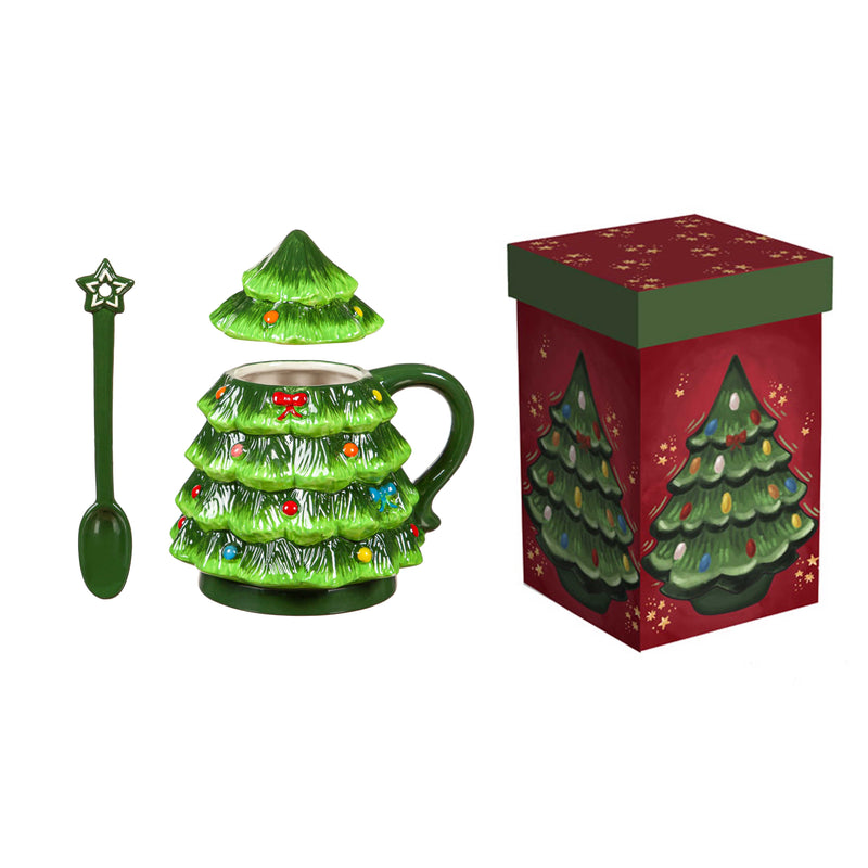 Christmas Tree Cup Gift Set with Lid, Spoon and Gift Box, 16oz, Green,3xtm001