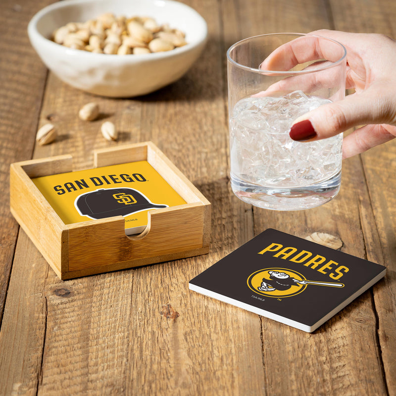 San Diego Padres Ceramic Coasters Set, 4pcs with Wood Caddy