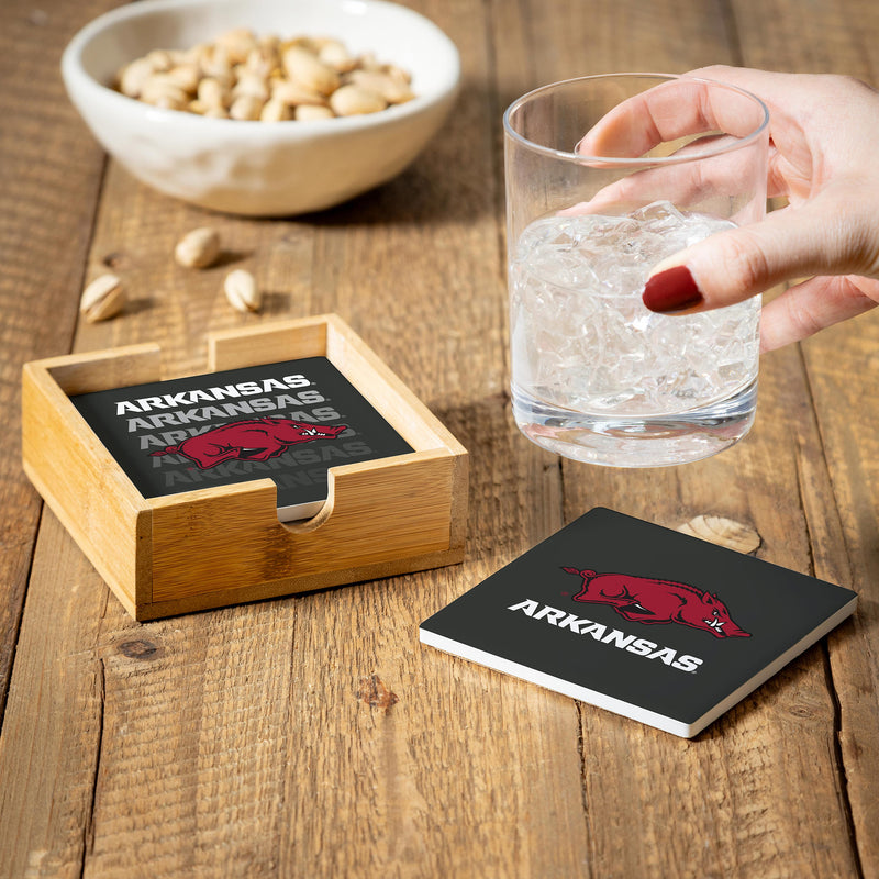 University of Arkansas Ceramic Coasters Set, 4pcs with Wood Caddy