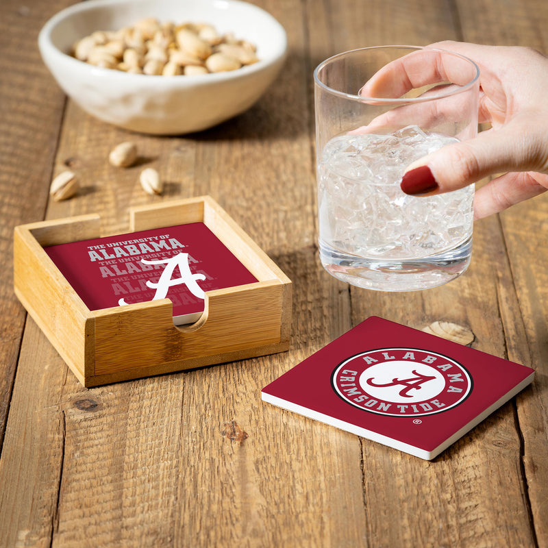 University of Alabama Ceramic Coasters Set, 4pcs with Wood Caddy