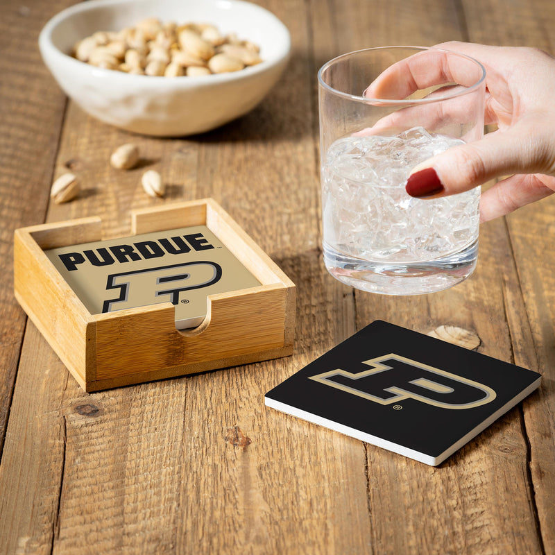 Purdue University Ceramic Coasters Set, 4pcs with Wood Caddy
