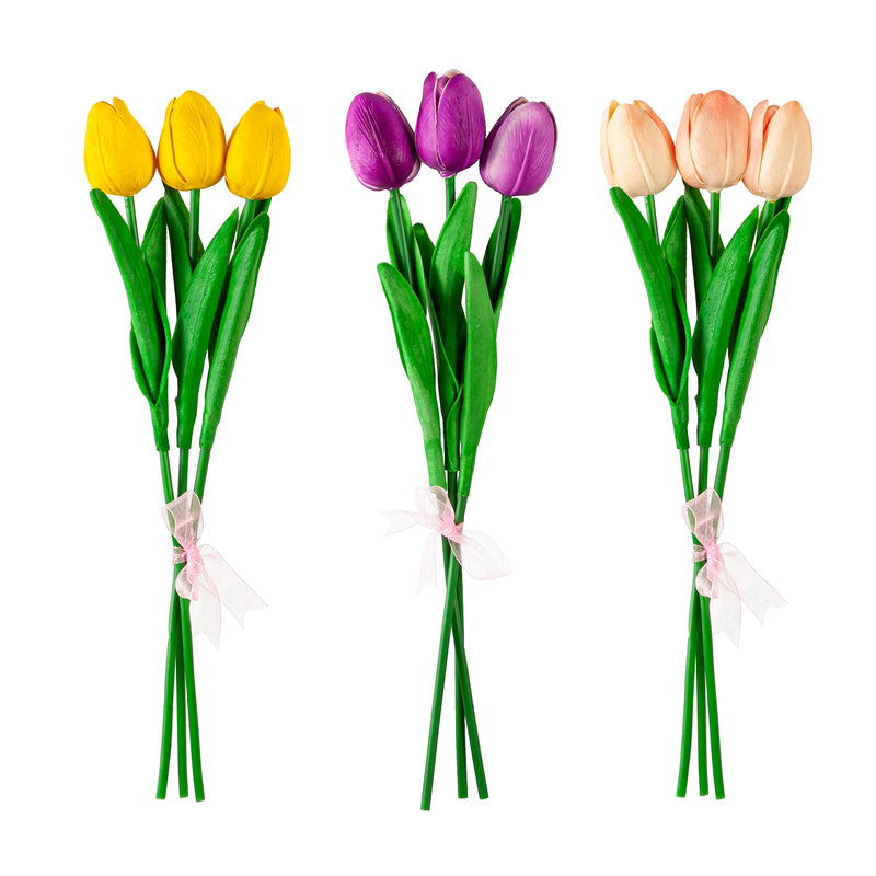 12"H Real Feel Tulip 3 Stem Bunch, Purple, Yellow, Pink 3 ASST
