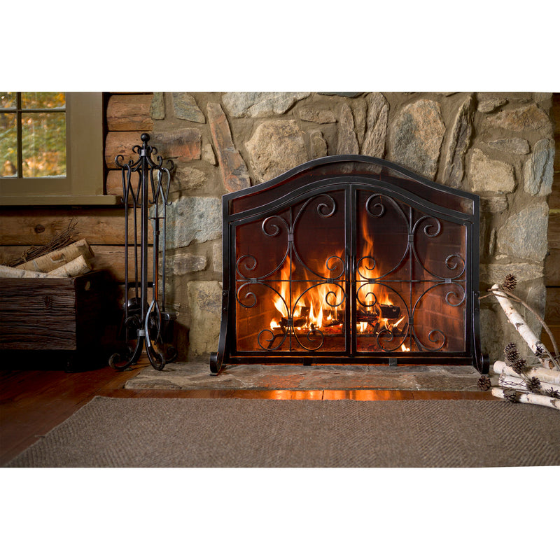 Evergreen Accessory,Large Crest Fireplace Screen With Doors - Black,44x33x13.3 Inches
