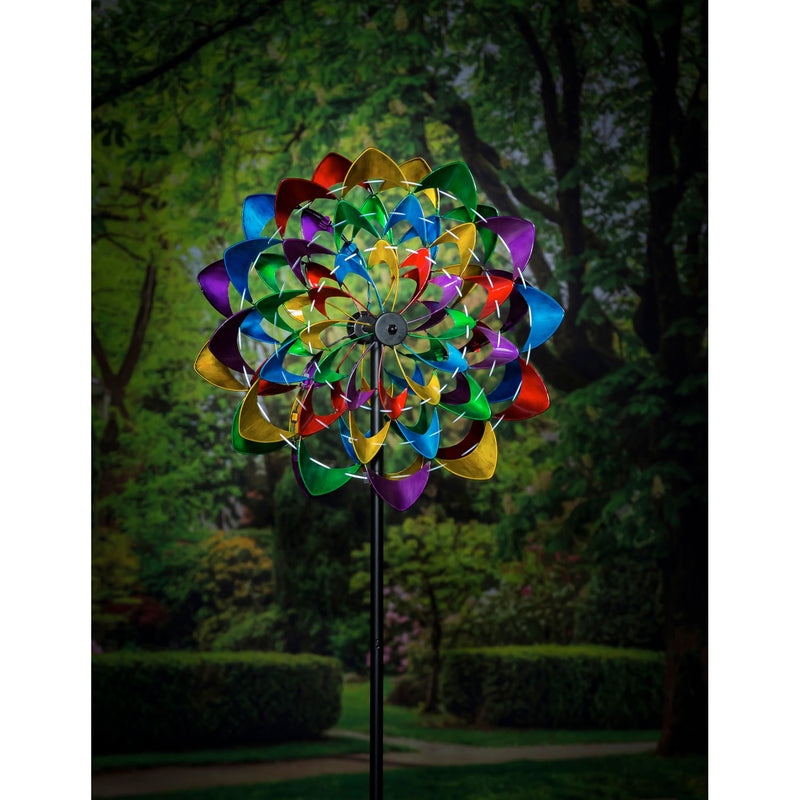 84"H Wind Powered Lighted Wind Spinner, Multicolor Flower,47m3026