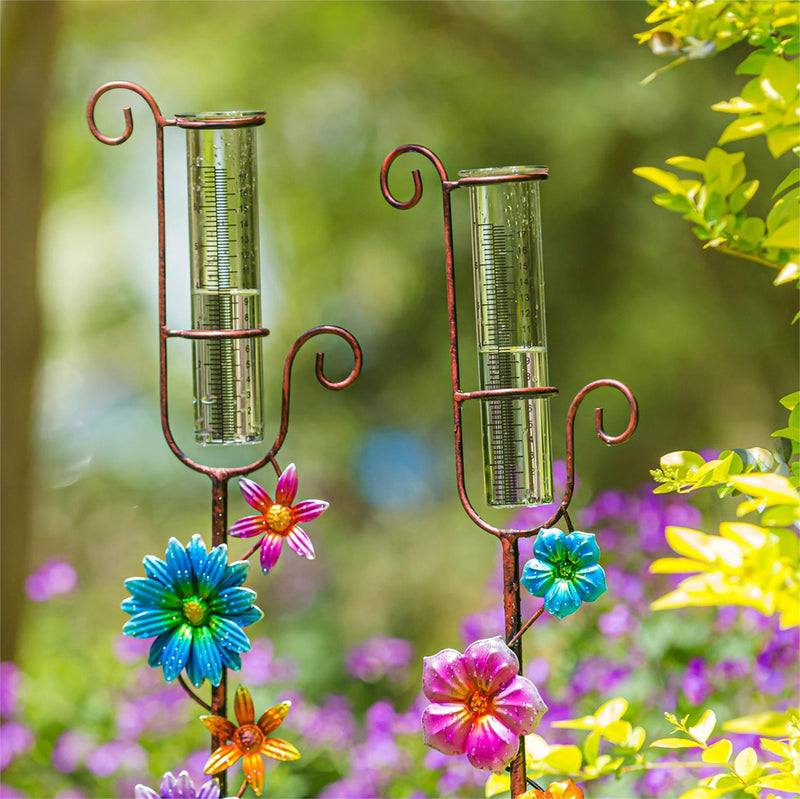 42"H Climbing Flower Rain Gauge, Pink/Green