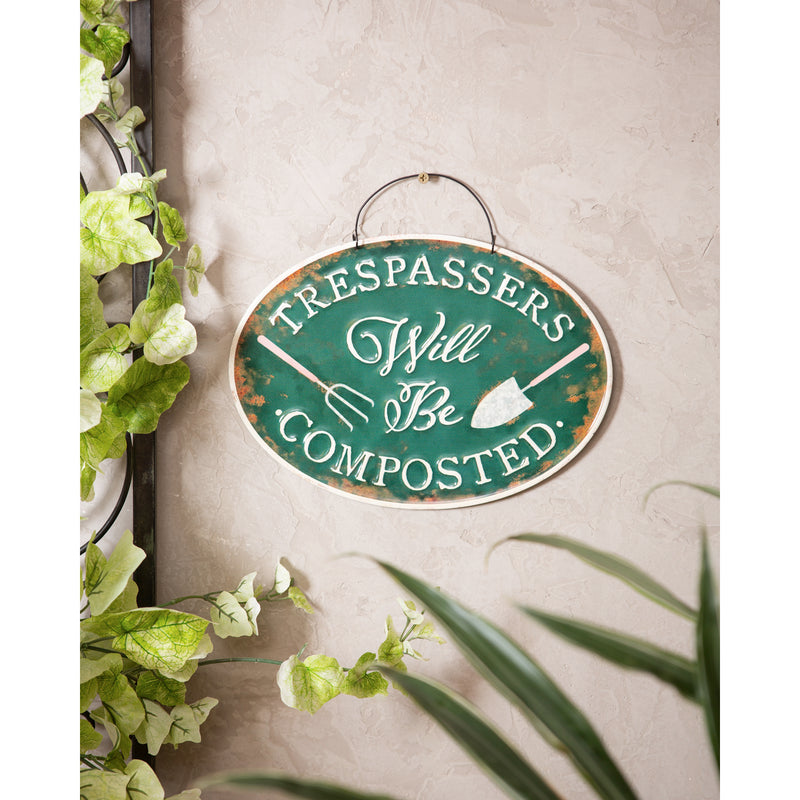 Printed Metal Hanging Garden Sign, Trespassers will be Composted,47m3683