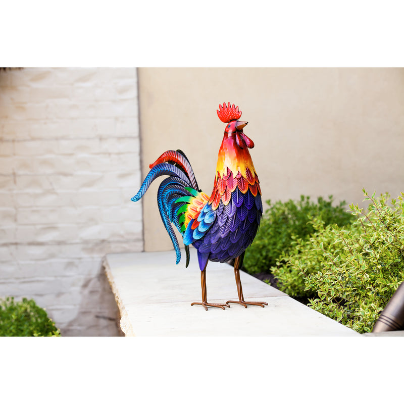 Evergreen Statuary,Colorful Rooster Metal Garden Statuary,18.5x7.09x20.87 Inches