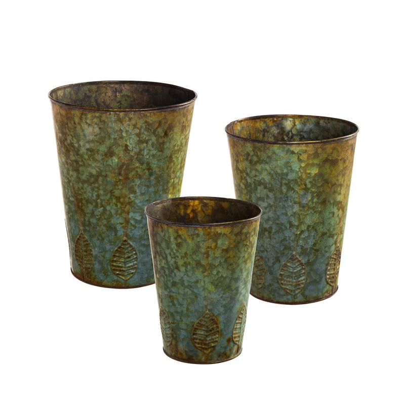 Set of 3 Nested Metal Planter with Leaf Embossing