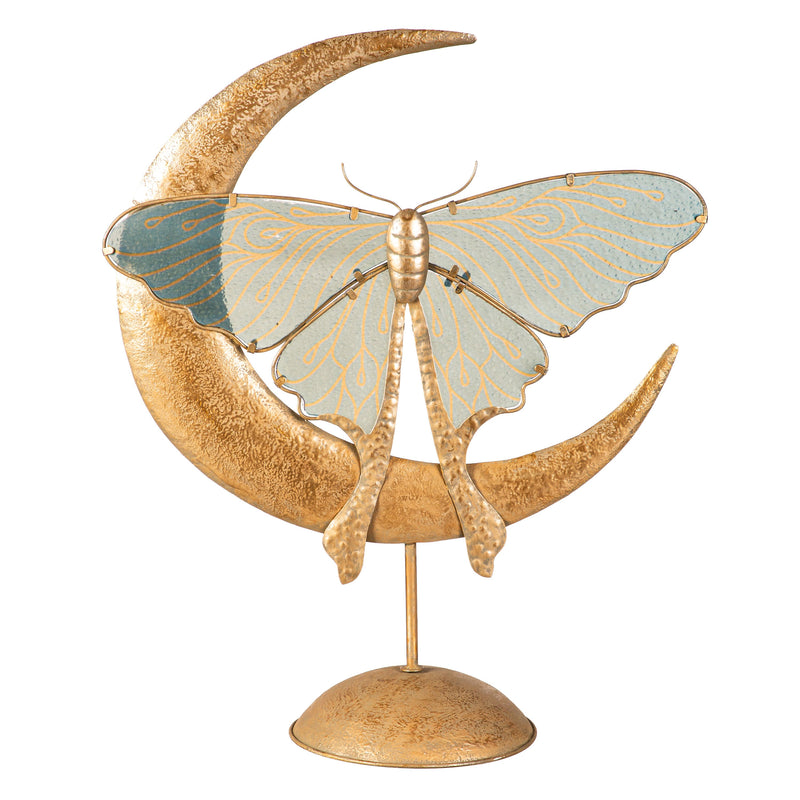 Evergreen Statuary,22" Crescent Moon With Luna Moth Statue, Teal,20x8.66x22 Inches