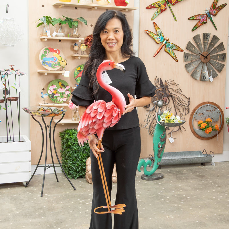 Evergreen Statuary,Metal Pink Flamingo Statuary,11.41x38.43x6.49 Inches