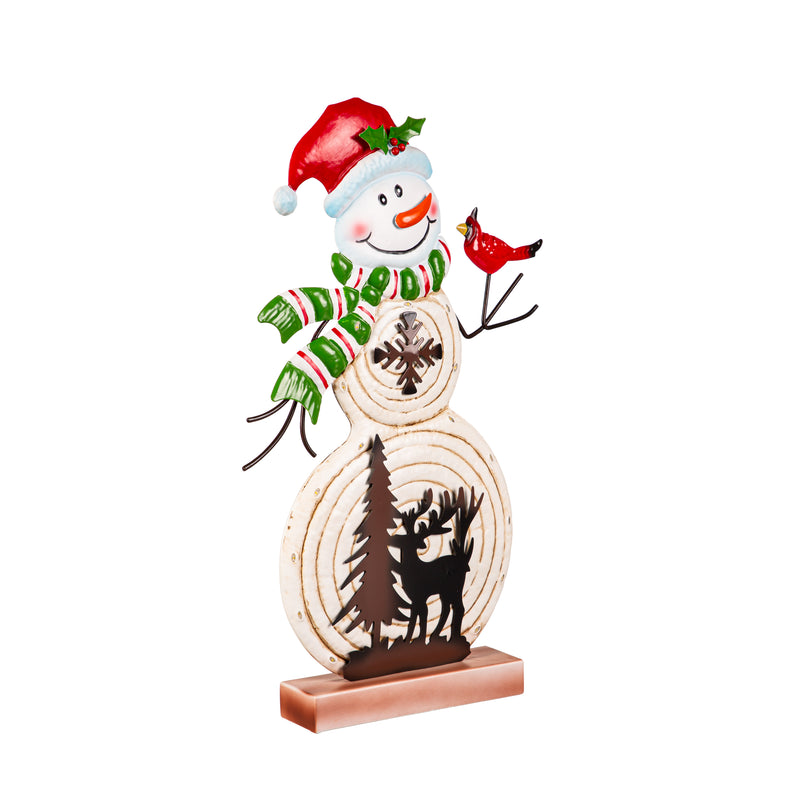 Evergreen Statuary,17"H Solar Metal Snowman With Bird Statue,1.97x11.82x17.52 Inches