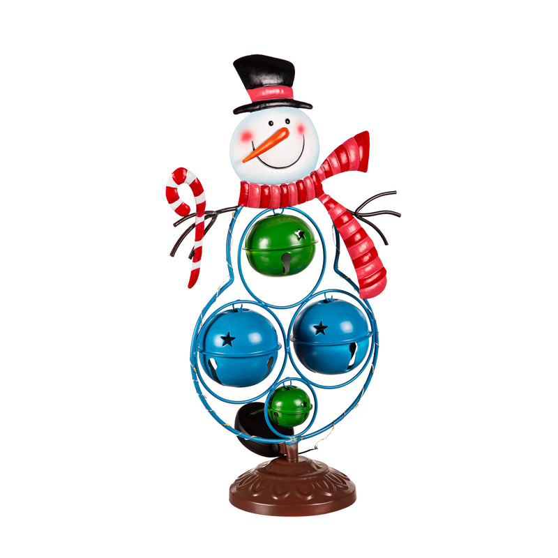 Evergreen Statuary,18"H Solar Metal Snowman With Bells Statue,5.12x11.03x18.11 Inches