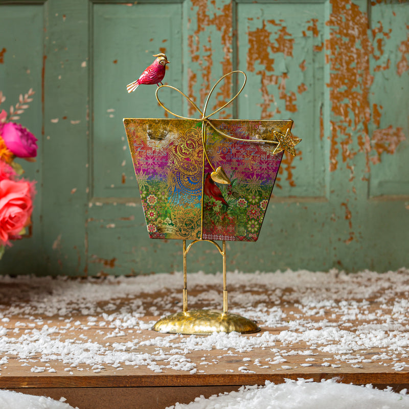 Evergreen Statuary,20"H Metal Patterned Christmas Present with Bird Statue,13.75x5.5x20.5 Inches