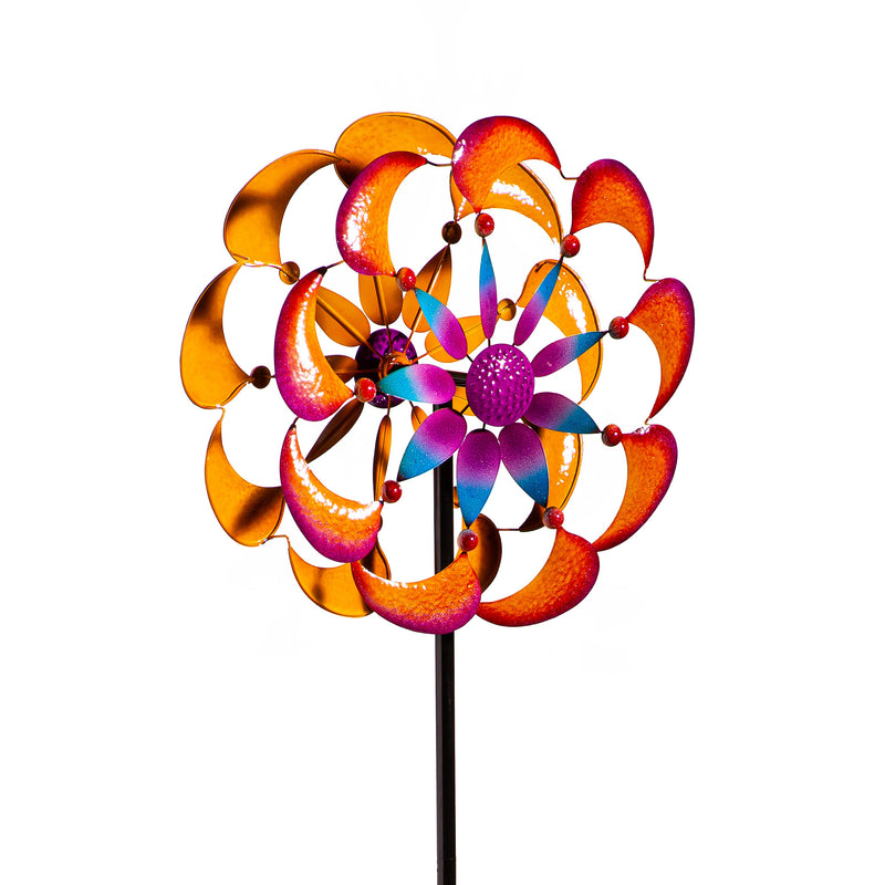 Metal Wind Spinner, Purple & Orange Disc Flower, 75"H