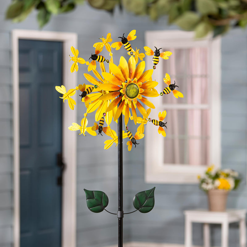 Metal Wind Spinner, Sunflower & Bees, 75"H