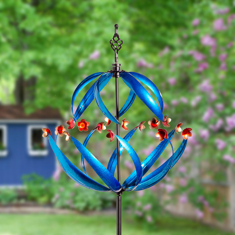Metal Wind Spinner, Cool Spiral With Copper Flowers, 85"H