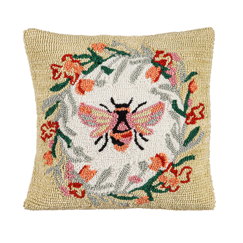 Evergreen Rugs,Indoor/Outdoor Hooked Pillow  18"x18" Bee,18x18x5 Inches