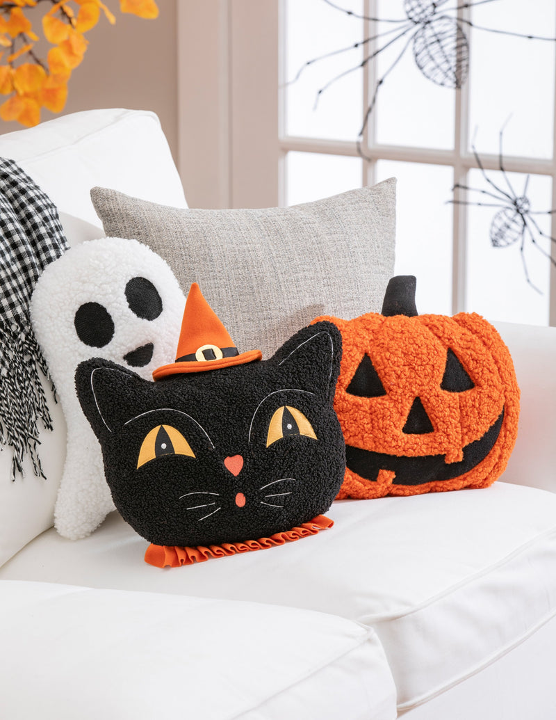 Evergreen Home Accents,13" Shaped Pillow with Embroidering, Black Cat with Witches Hat,13x4x13 Inches