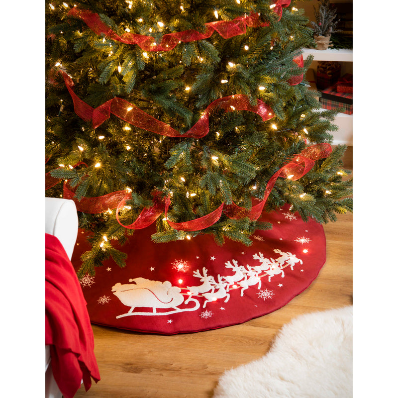 47" Fabric Tree Skirt with Embroidered Detail and LED, Santa Sleigh,4ts554