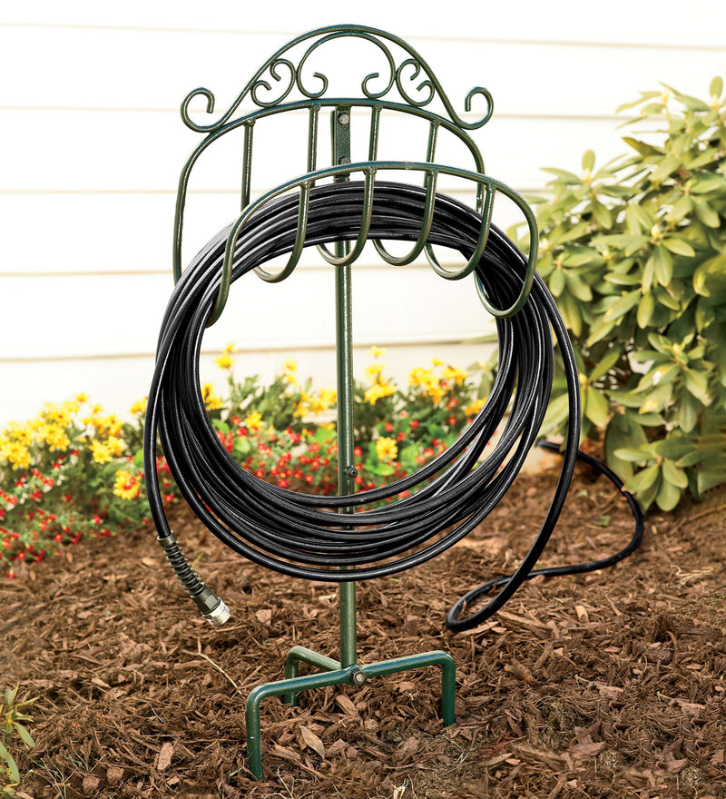 Evergreen Garden Tools & Supplies,Wrought Iron Hose Holder with Ground Stake - Green,15.5x7x37.5 Inches