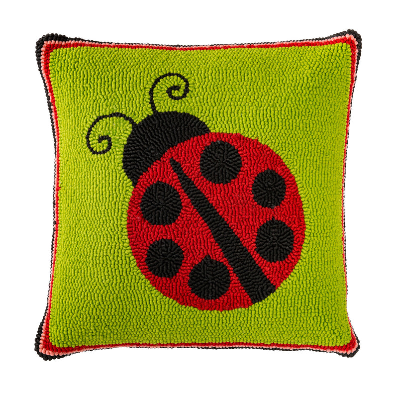 Evergreen Rugs,Indoor/Outdoor Hooked Polypropylene Ladybug Throw Pillow 18"x18",18x18x1.5 Inches